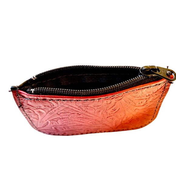 Mini Leather Zipper Pouch Emblossed Red & Black Hand Crafted Tiny New - Picture 5 of 11